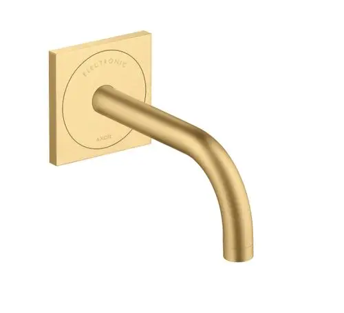 Wandmontierter Waschtischmischer in gebürstetem Gold mit Auslauf, entworfen von AXOR. Rechteckige Wandplatte mit runder Steuerungseinheit.